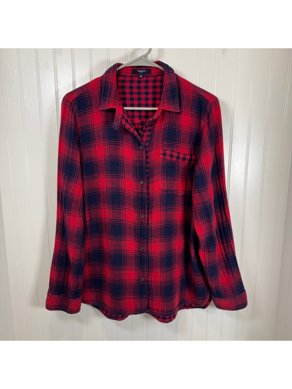 Madewell Ladies 100% Cotton Red and Navy Plaid Long Sleeve Flannel Shirt Large